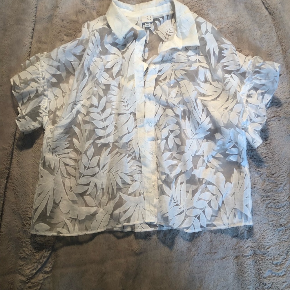 A NEW DAY Women SZ XXL White Printed Floral Short Sleeve Button Front Top